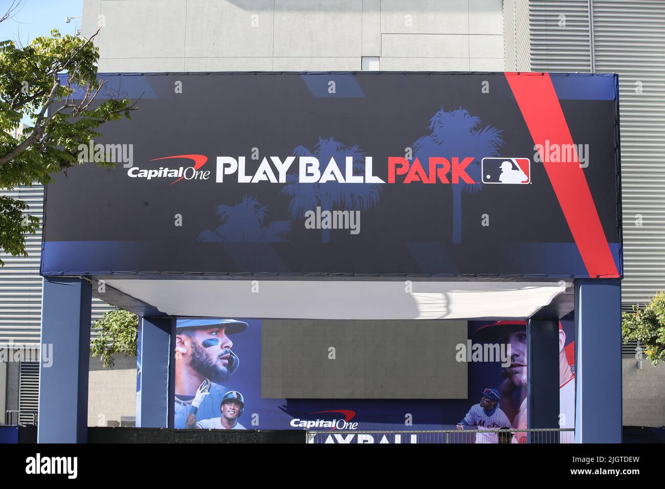 Gesamtansicht der Innenstadt von Los Angeles für die Einrichtung des Capital One Play Ball Park, Dienstag, 12. Juli 2022, in Los Angeles, Kalifornien (Jevone Moore/Image o Stockfoto