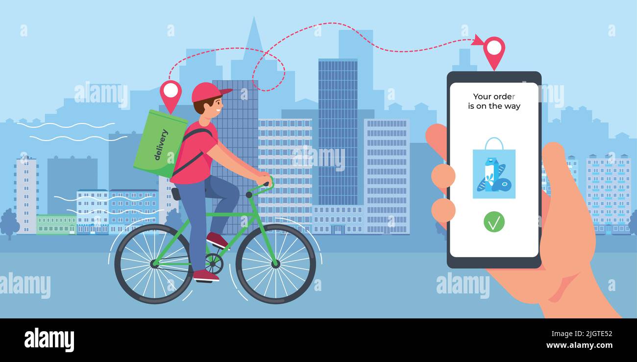 Lieferung Kurierdienst flache Zusammensetzung mit Stadtbild und Lieferung Junge Fahrrad mit Smartphone Tracking App Vektor Illustration Stock Vektor