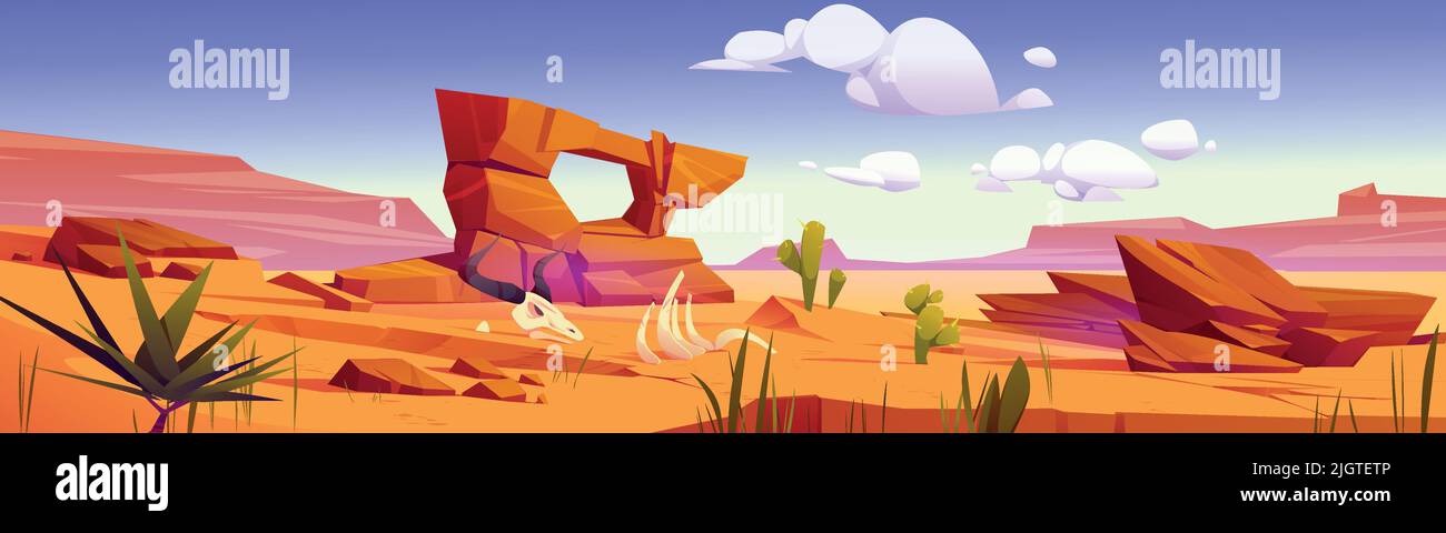 Wüstenlandschaft in Arizona, wilder Westhintergrund mit goldenen Sanddünen und Steinen unter blauem Himmel. Trockene verlassene Natur mit Tierskelett auf gelber Sandfläche und Kakteen, Cartoon-Vektor-Illustration Stock Vektor