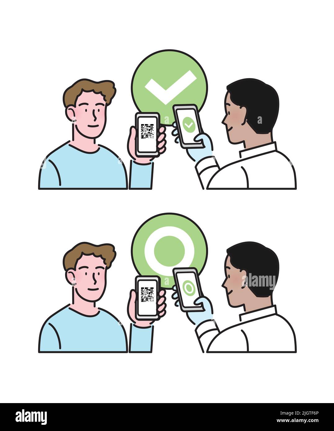 Flacher isolierter Vektor. Mann mit Smartphone und qr-Code auf dem Bildschirm. Digitaler Sanitär-Pass-Check, Gesundheits-Pass, eu-Green-Pass, Impfpass. Stock Vektor