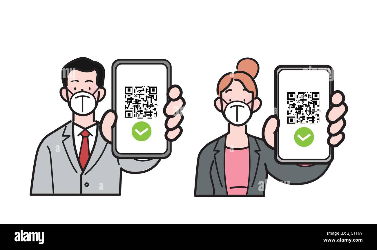 Flacher isolierter Vektor. Mitarbeiter mit Geschäftskleidung, die FFP2 kn95 Gesichtsmasken tragen und das Smartphone mit qr-Code auf dem Bildschirm halten. Stock Vektor