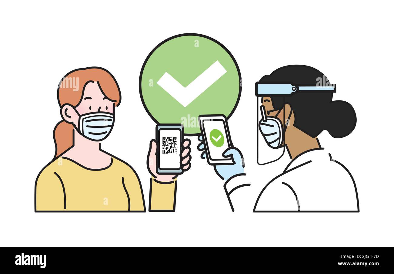 Flacher isolierter Vektor. Frau mit chirurgischer Gesichtsmaske und Smartphone mit qr-Code auf dem Bildschirm. Digitale Pass-Prüfung, Health Pass. Stock Vektor