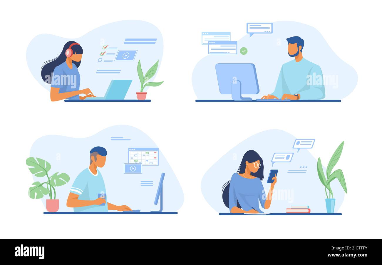 Personen, die Online-Apps verwenden. Profis, die Computer und Handys für Arbeit oder Chat verwenden. Flache Vektorgrafiken. Internet-Kommunikationskonzept Stockfoto