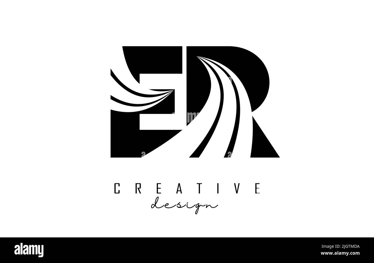 Kreatives, schwarzes er e R-Logo mit führenden Linien und Straßenkonzept. Buchstaben mit geometrischem Design. Vektorgrafik mit Buchstaben und Schnitten. Stock Vektor