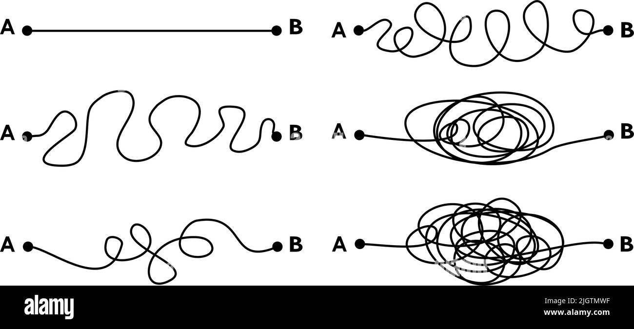 Hartes, mittleres und einfaches Lösungskonzept, das durch verwickelte und gerade Linien veranschaulicht wird. Komplizierte und einfache Pfadentscheidung. Vektorgrafik. Stock Vektor