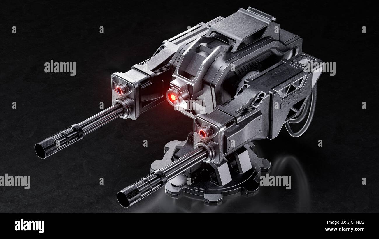 3D Illustration der industriellen Sci Fi futuristischen militärischen Revolver Maschinengewehr Waffe. Minigun-Maschinen mit rot leuchtenden Laserauge und metallisch glänzenden ma Stockfoto