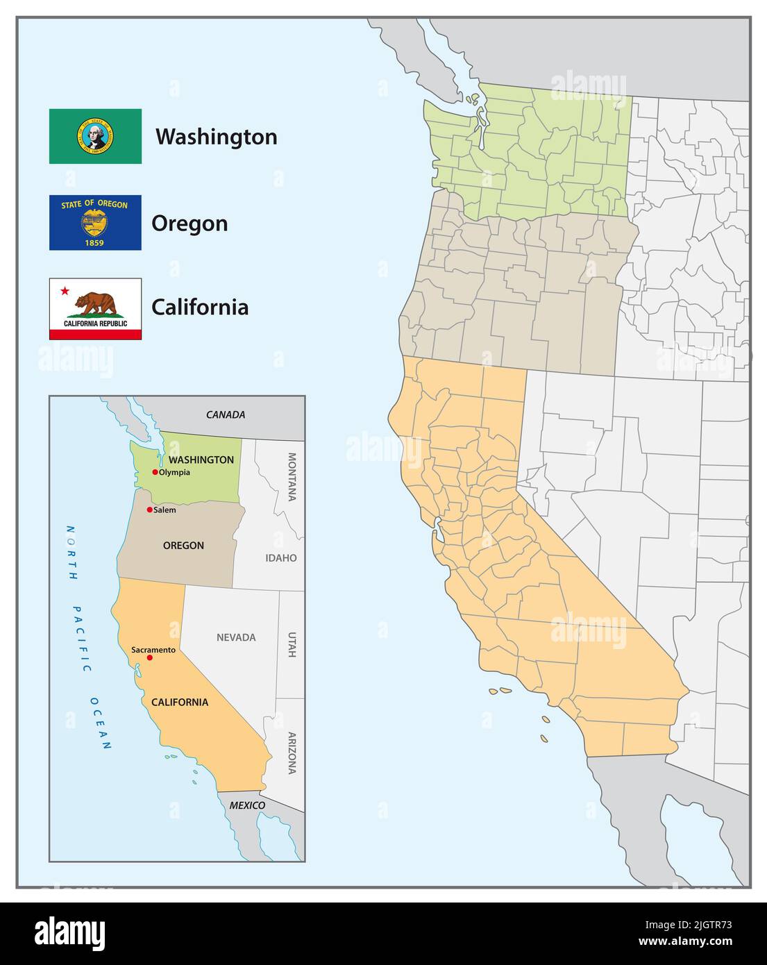 Verwaltungskarte mit Flaggen der US-amerikanischen Westküstenstaaten Stockfoto