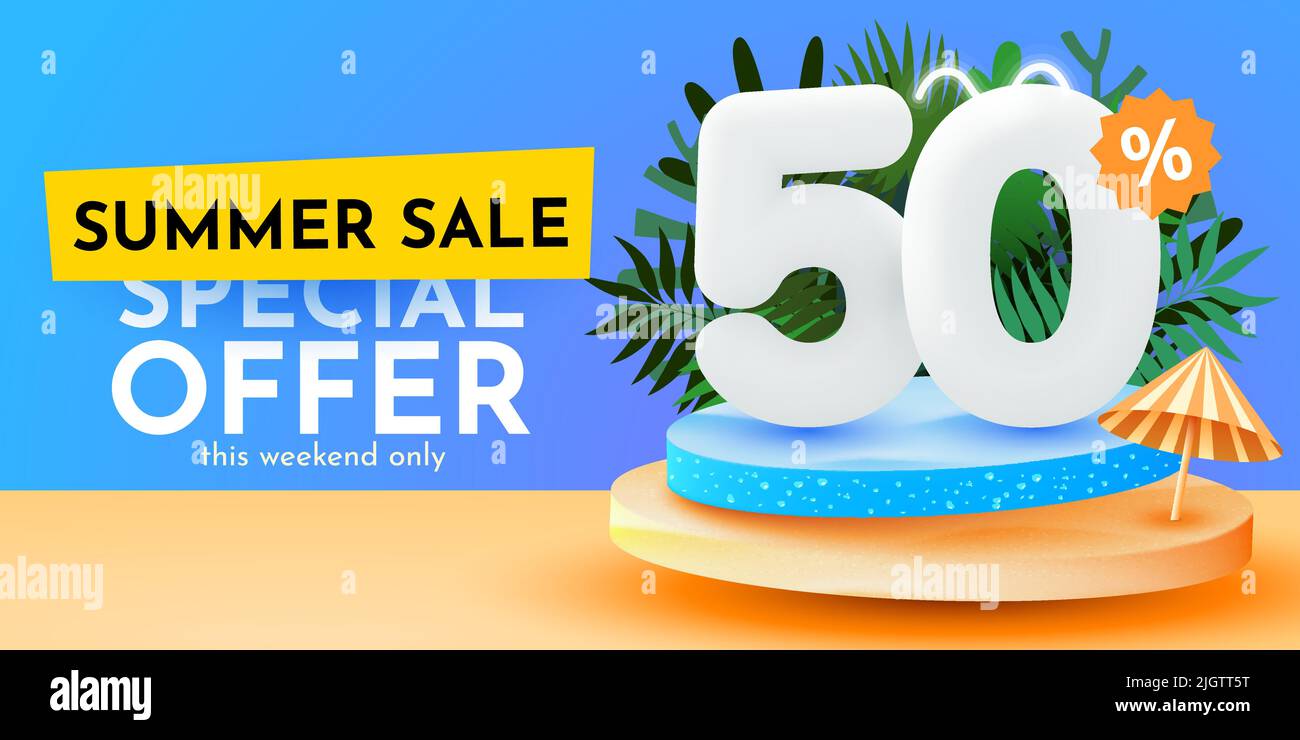 50 % Rabatt. Rabatt auf kreative Komposition. Banner für Sommerverkauf. Werbebanner und Poster. Vektorgrafik. Stock Vektor