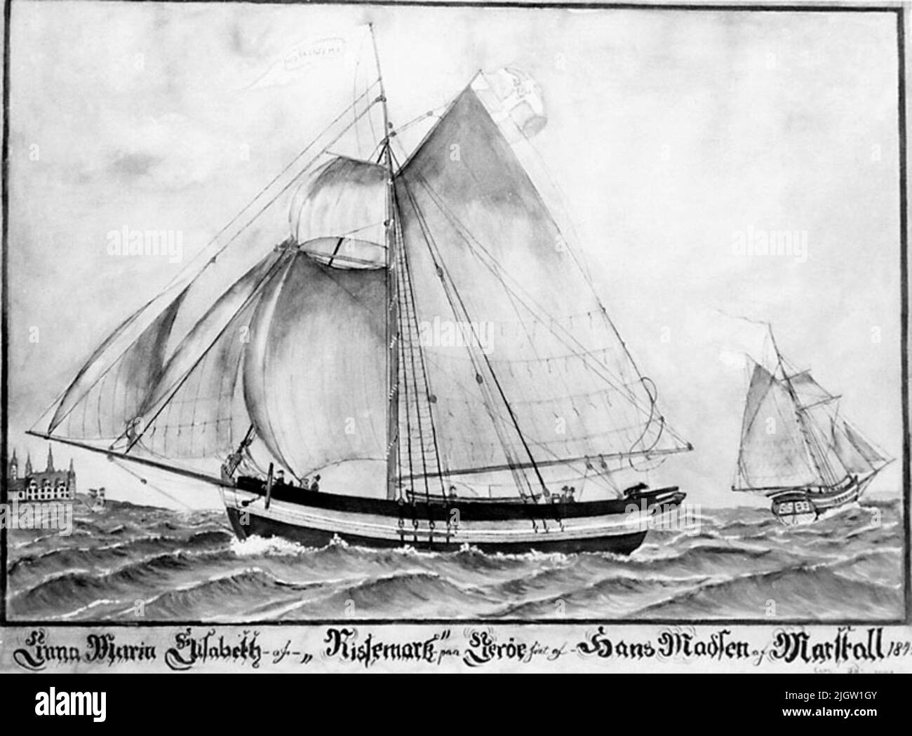 Geschrieben auf der Rückseite: SO: E: E 1997. Dänische Jagd. Avotographiertes Gemälde einer dänischen Jagd im Klang, außerhalb des Schlosses Kronborg. Stockfoto