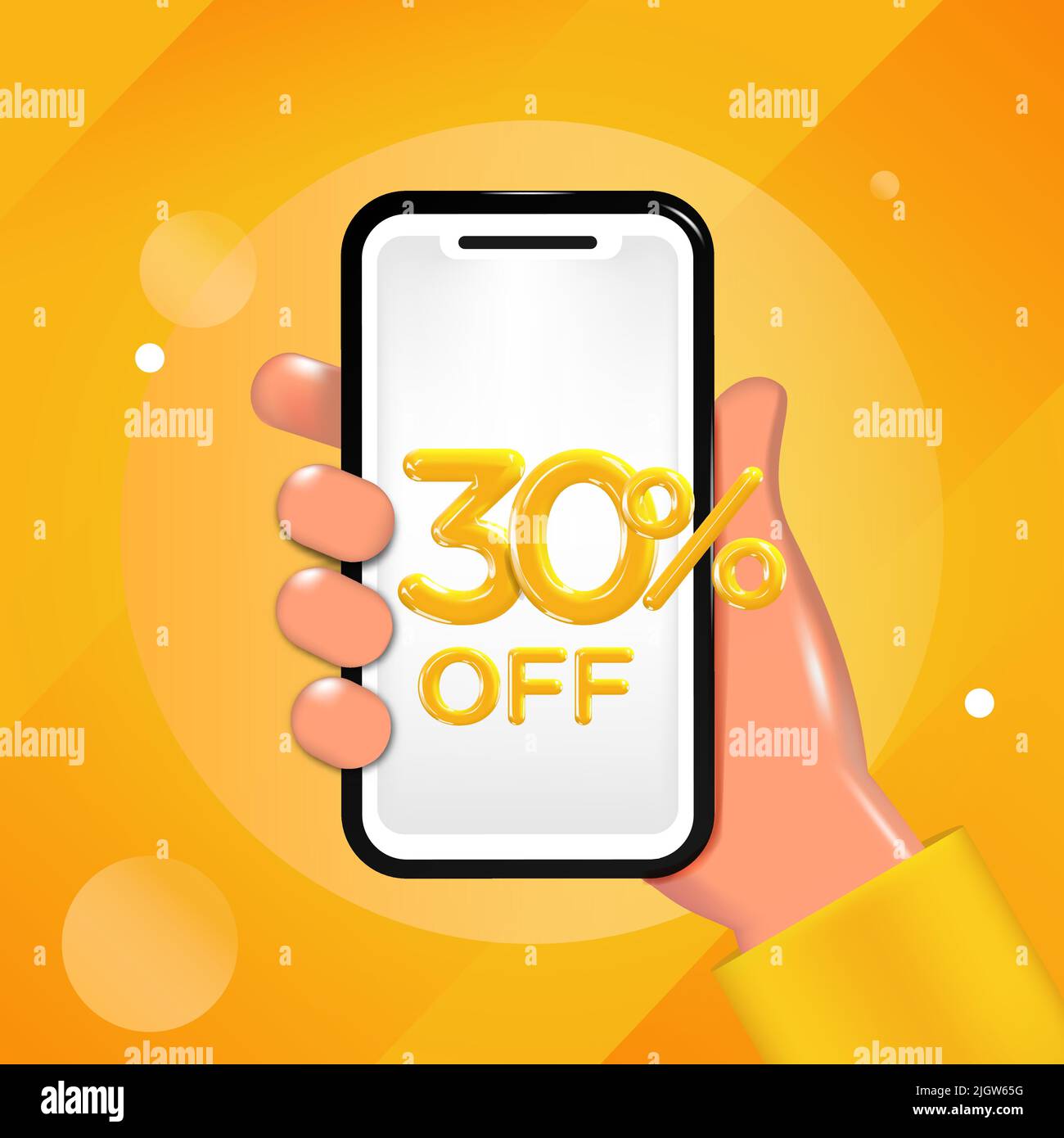 30 oder dreißig Prozent Rabatt auf das Design. Halten Sie ein Mobiltelefon mit einer Angebotsnachricht in der Hand. Sonderrabatt-Aktion, Poster-Vorlage für den Verkauf. Stock Vektor