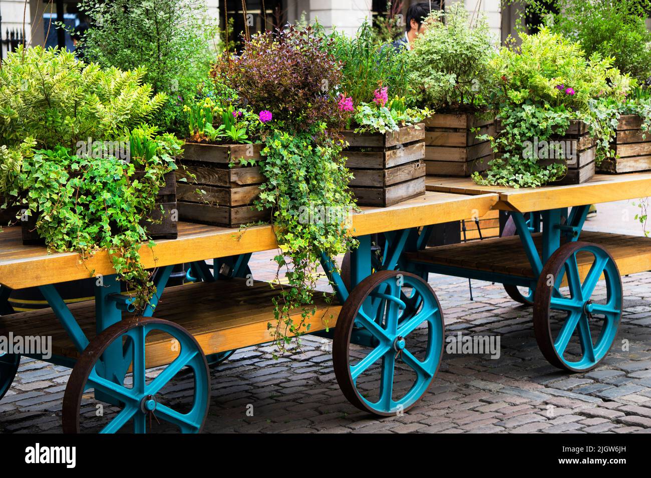 Verschiedene Fotos der Karren mit Blumen und Grün rund um Covent Gardens, London, England. Stockfoto