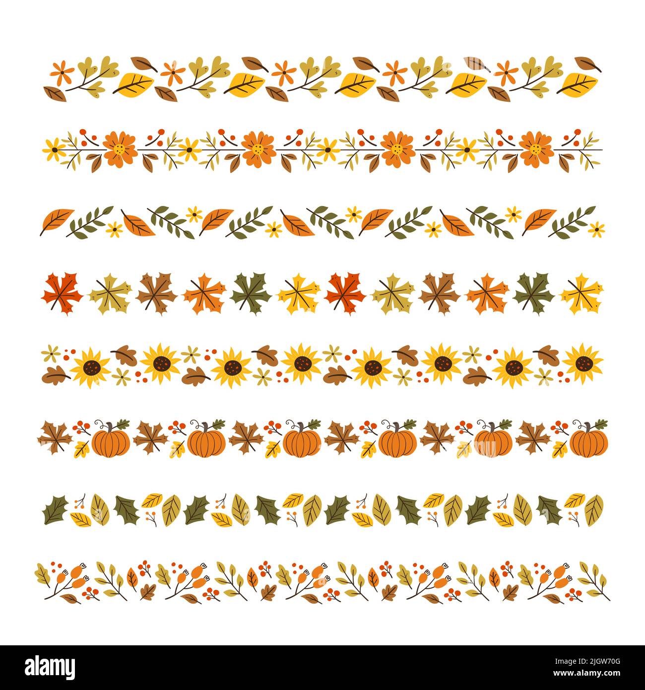 Kollektion mit Blumenmuster und Zierbordüren im Herbst. Nahtlose Grenzen mit Herbstblättern, saisonalen Blumen und Kürbissen. Isolierte Elemente. Vektorgrafik. Stock Vektor
