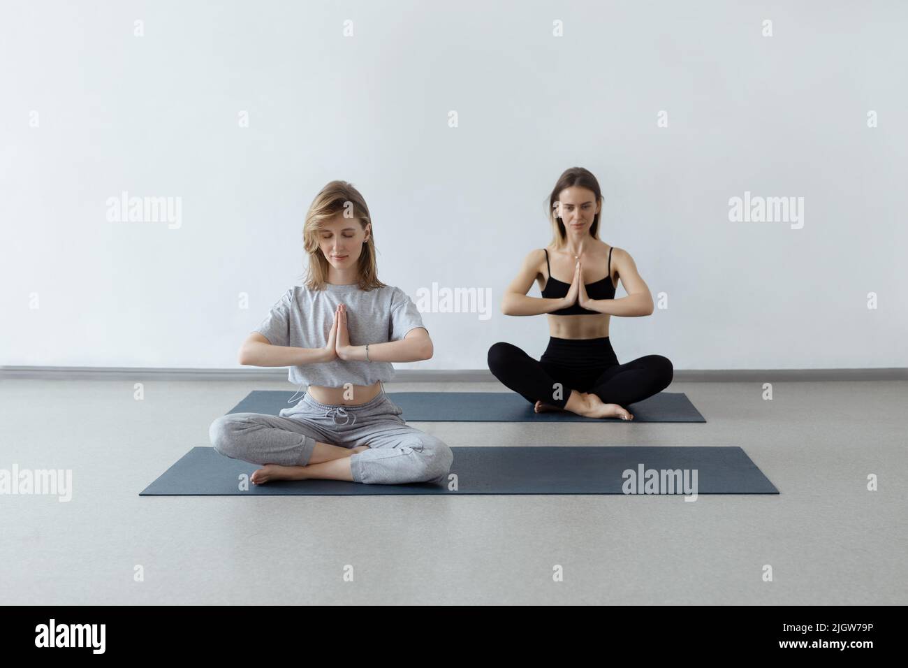 Zwei sportlich attraktive Mädchen sitzen in Lotusposition auf einer Yogamatte im Innenbereich.Yoga, Fitness und gesunder Lebensstil Stockfoto