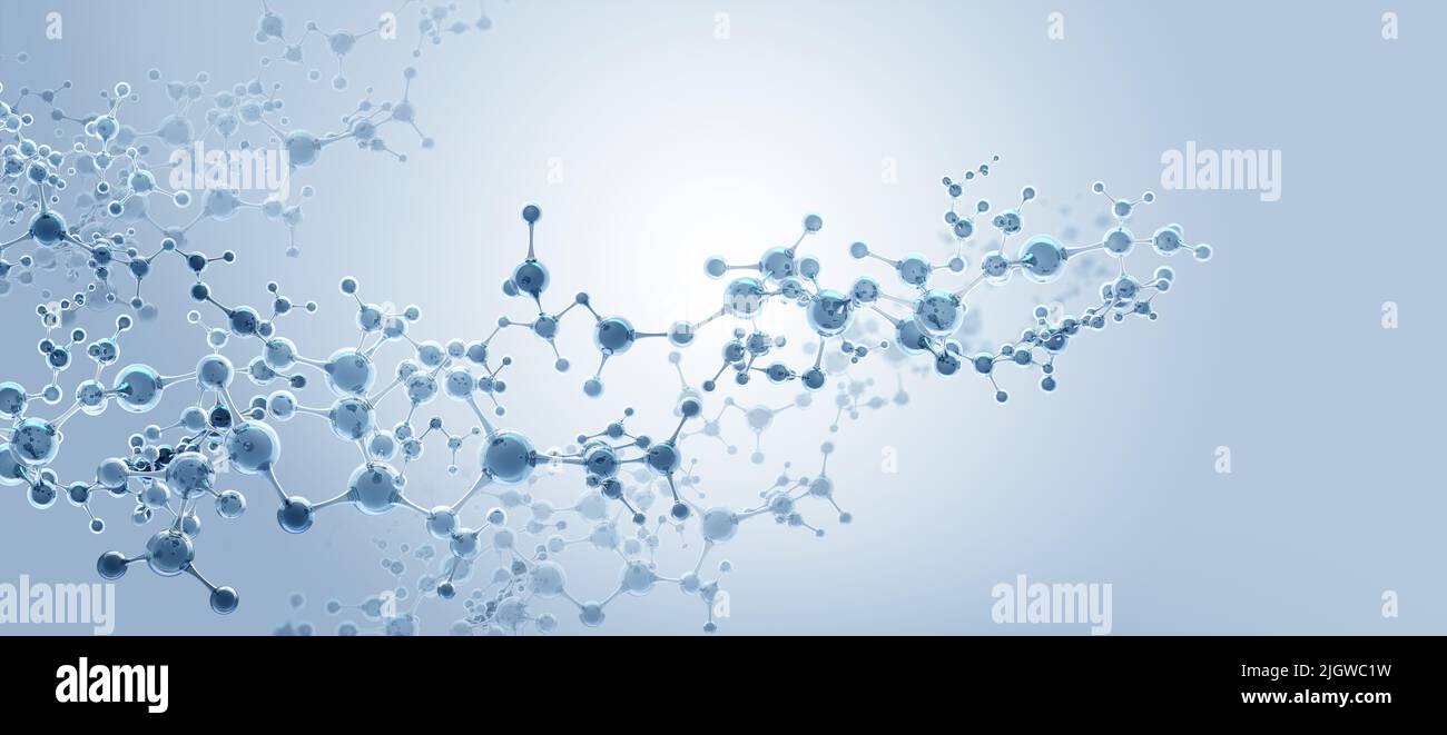 Abbildung des Moleküls 3D. Abstraktes molekulares Gitter, zelluläre Struktur. Transparente Elemente mit Glanzeffekt. Frisch, sauber, technologisch Stockfoto