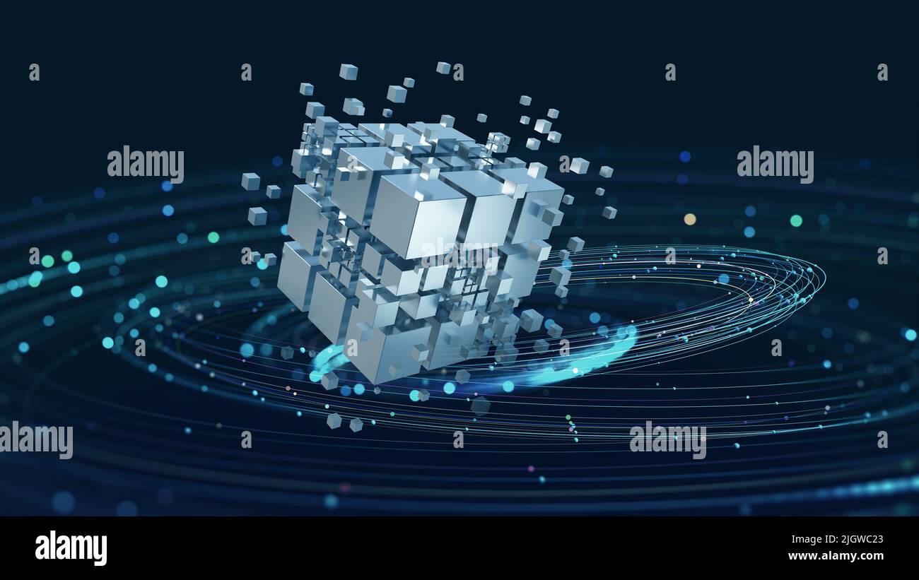 High-Tech und Datenerfassung. Quadratische Blöcke werden in einem kubischen Array vor dem Hintergrund eines digitalen Feldes gesammelt. 3D Blockchain-Konzept-Illustration Stockfoto
