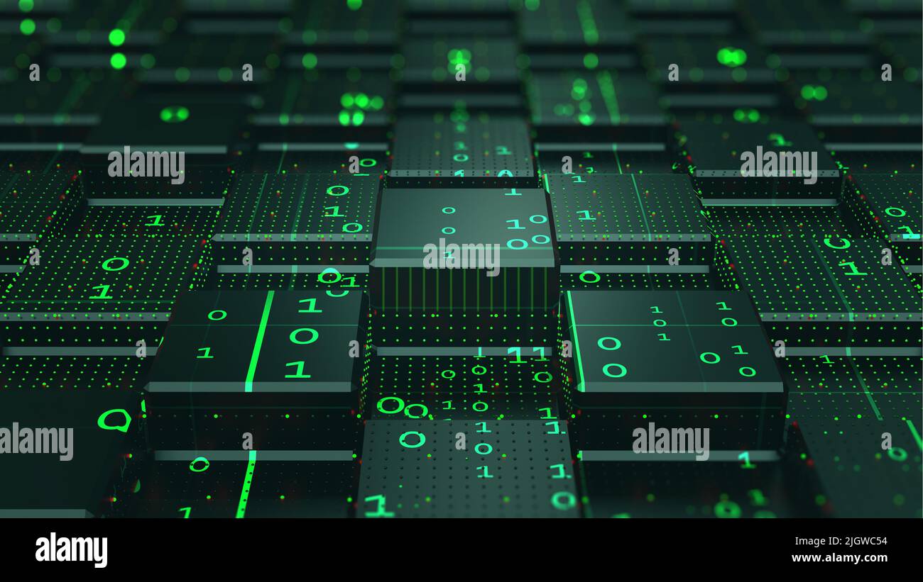 Blockchain-Internet-Technologien. Big Data mit Binärcode. Informationstechnologie, digitaler Datenstrom. Datenanalyse. Quantencomputer-Konzept Stockfoto