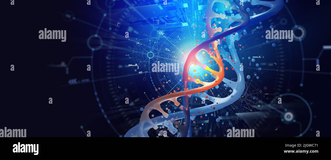 DNA-Helix 3D-Abbildung. Laborforschung. Entschlüsselung des Genoms. Virtuelle Modellierung chemischer Prozesse. Hightech in der Medizin Stockfoto