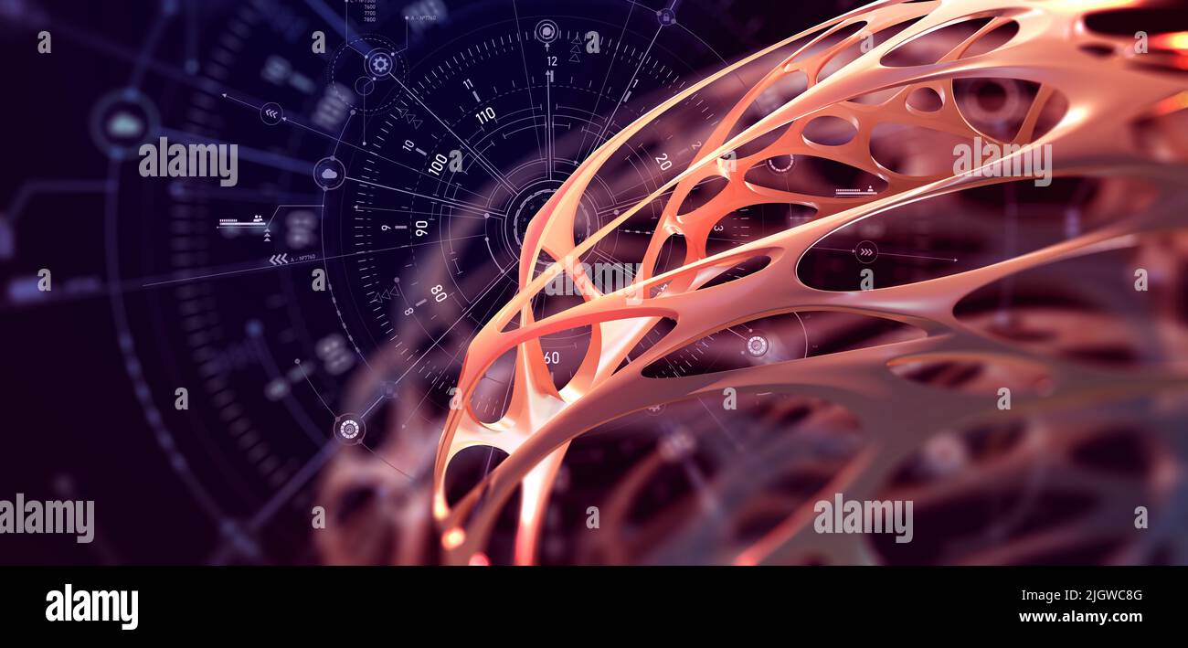 Neuronales Netzwerk in einem synthetischen Organismus. Nanotechnologie und Vernetzung. Fantastischer Makrokosmos. Abstraktes Vollfarb-Poster, Bild für den Innenraum Stockfoto