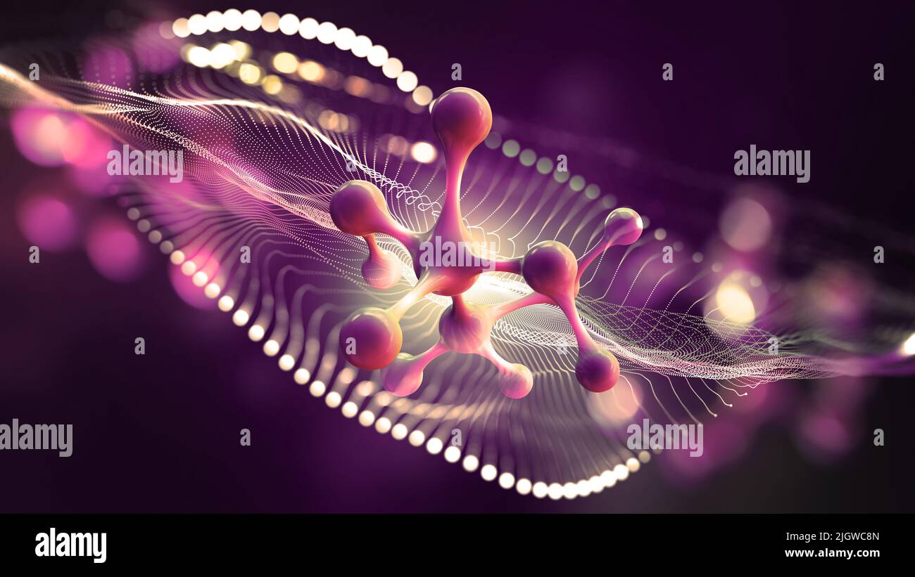 Abstrakte medizinische Tapete. Nano Molecule 3D Abbildung. Innovative Laborforschung. Wissenschaft und Hochtechnologie von Zellklumpen Stockfoto