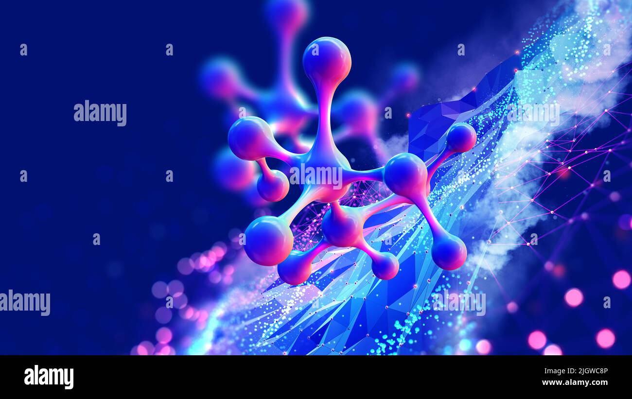 Abbildung des Moleküls 3D. Computersimulation und Laborexperimente. Entschlüsselung des Genoms. Virtuelle Modellierung chemischer Prozesse. Hightech in der Medizin Stockfoto