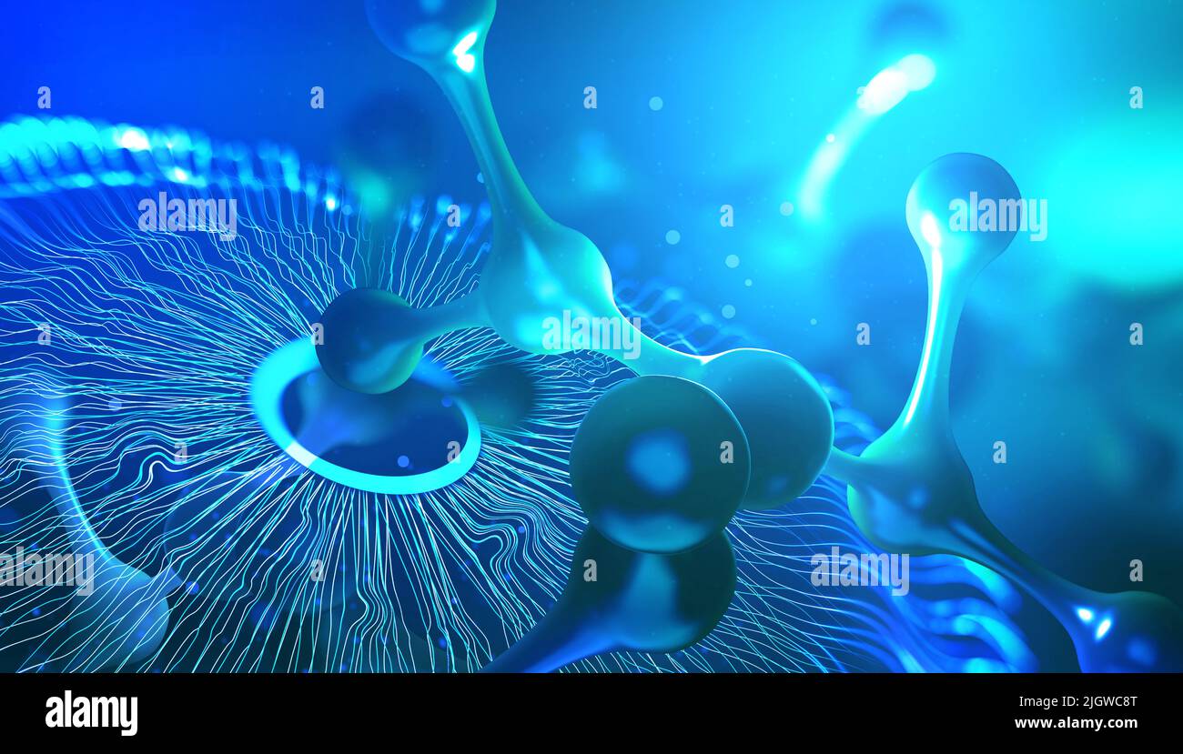 Scientific Molecule 3D Illustration für Medizin, Wissenschaft, Technologie, Chemie, Biologie. Tapete oder Banner mit Nanomolekülen. Biotechnologie Stockfoto