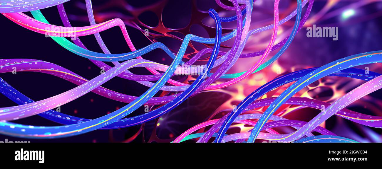 Genmodifikationen und digitale Medizin. Forschung im Fernstudium. Synthetische DNA-Helix und biologischer Code. 3D Darstellung von verdrillten Datenströmen Stockfoto