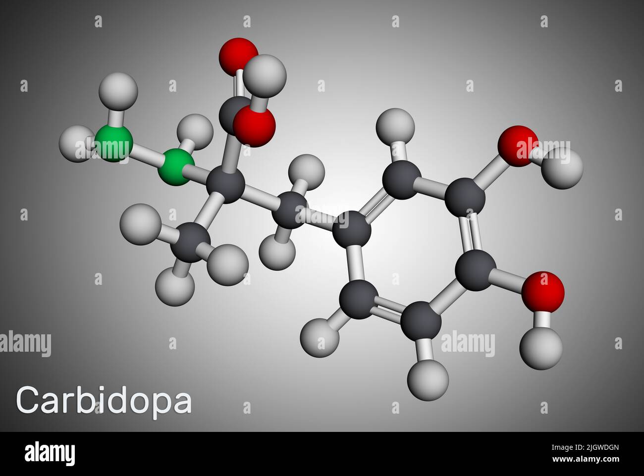 Carbidopa-Molekül. Es ist ein Dopa-Decarboxylasehemmer, der zur Behandlung der idiopathischen Parkinson-Krankheit verwendet wird. Molekularmodell. 3D Rendern. Abbildung Stockfoto