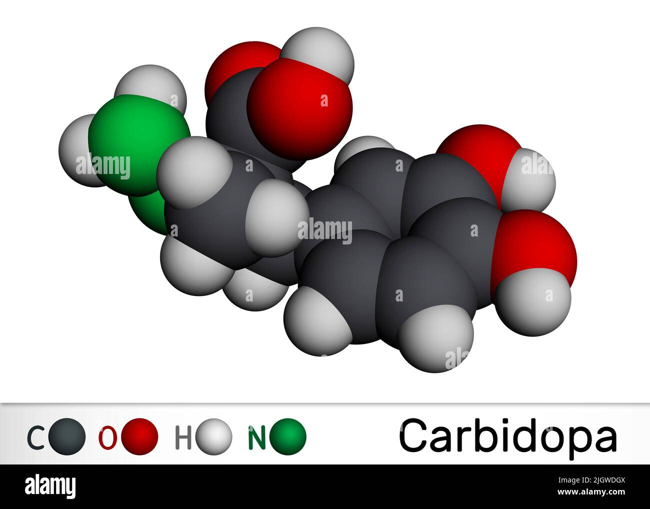 Carbidopa-Molekül. Es ist ein Dopa-Decarboxylasehemmer, der zur Behandlung der idiopathischen Parkinson-Krankheit verwendet wird. Molekularmodell. 3D Rendern. Abbildung Stockfoto