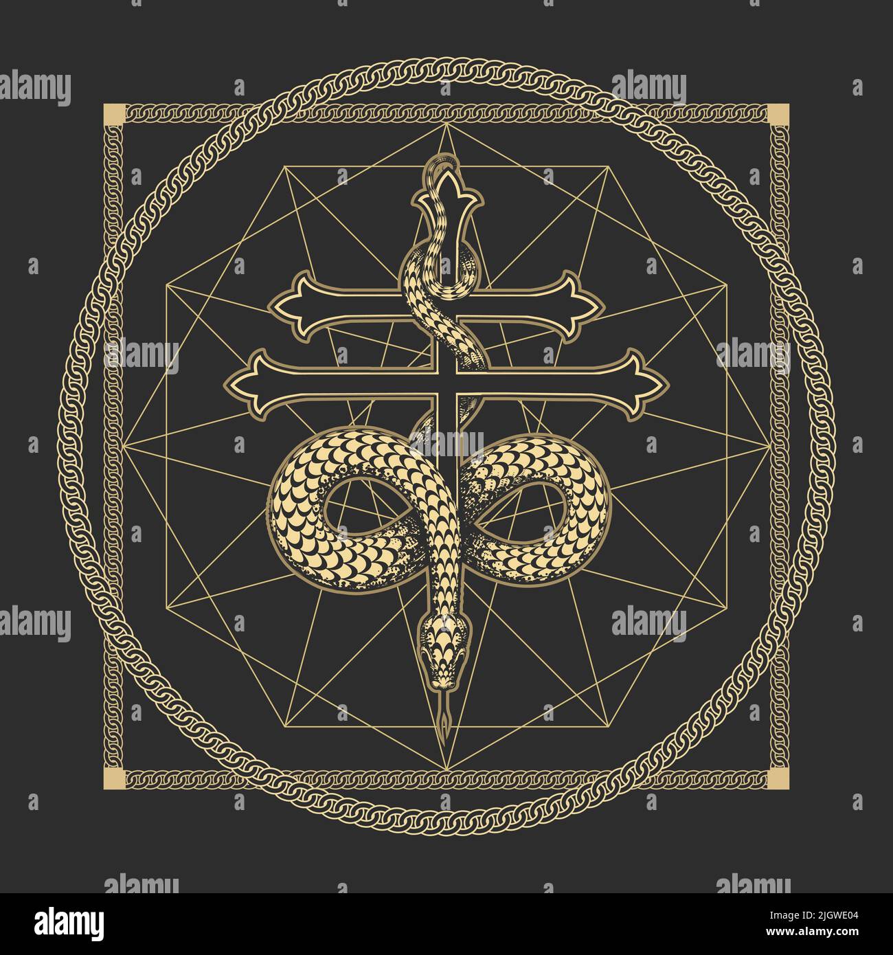 Okkultische medial lauschende esoterische Symbol der Weisheit Schlange am Kreuz. Vektorgrafik Stock Vektor