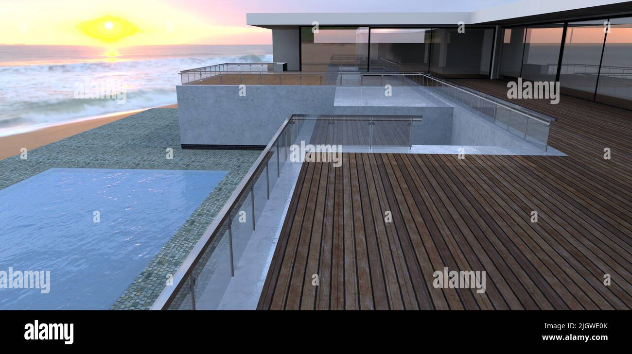 Schöner Sonnenaufgang auf dem Meer. Die Wellen treffen auf eine luxuriöse, moderne Villa mit flachem Dach und einer Holzterrasse. 3D Rendern. Stockfoto