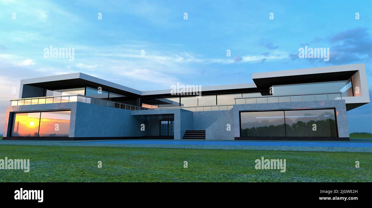 Der städtische Sonnenuntergang spiegelt sich im Fenster einer luxuriösen High-Tech-Villa wider. Flachdach. Große Terrasse. Wanddekoration in weißem Marmor. 3D Rendern. Stockfoto