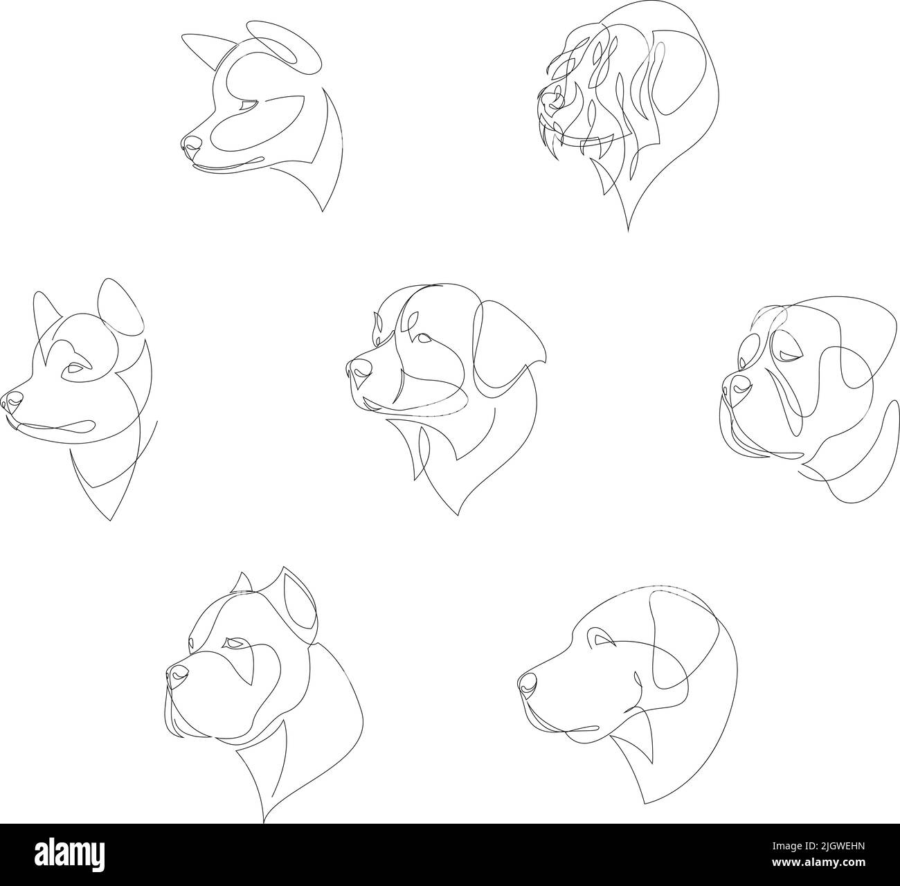 Hunderassen in minimalistischem Stil gezeichnet. Hunde in einer Reihe. Vektorgrafik Stock Vektor