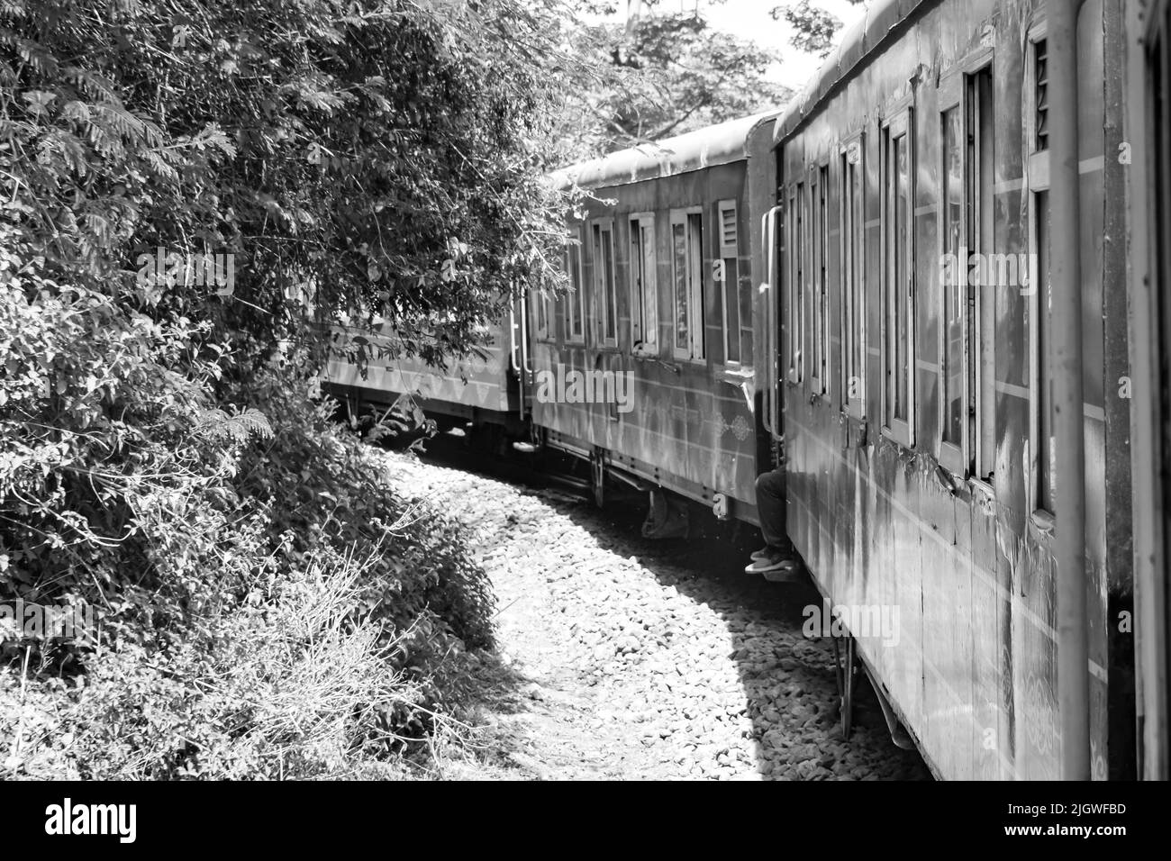 Toy Train bewegt sich auf Berghang, schöne Aussicht, eine Seite Berg, eine Seite Tal bewegt sich auf der Eisenbahn auf den Hügel, inmitten grüner Naturwald.Spielzeug t Stockfoto