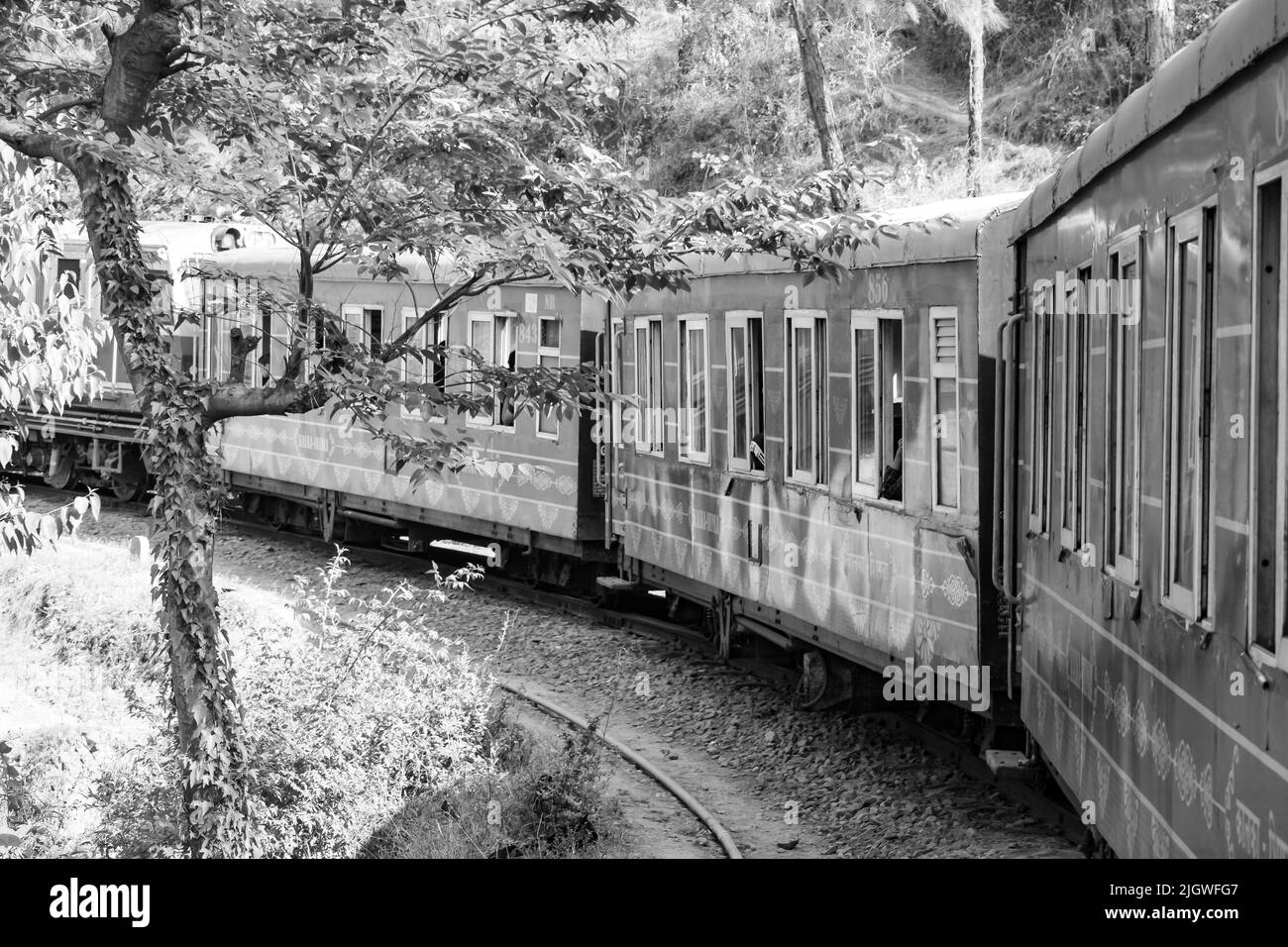 Toy Train bewegt sich auf Berghang, schöne Aussicht, eine Seite Berg, eine Seite Tal bewegt sich auf der Eisenbahn auf den Hügel, inmitten grüner Naturwald.Spielzeug t Stockfoto