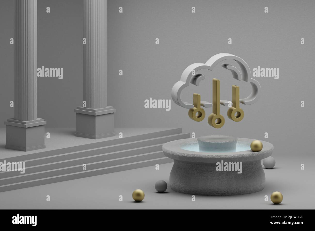 Schöne abstrakte Illustrationen Cloud Data Storage Symbol Symbol auf einem Brunnen und Säule Hintergrund. 3D Rendering-Illustration. Web-Hosting. Stockfoto