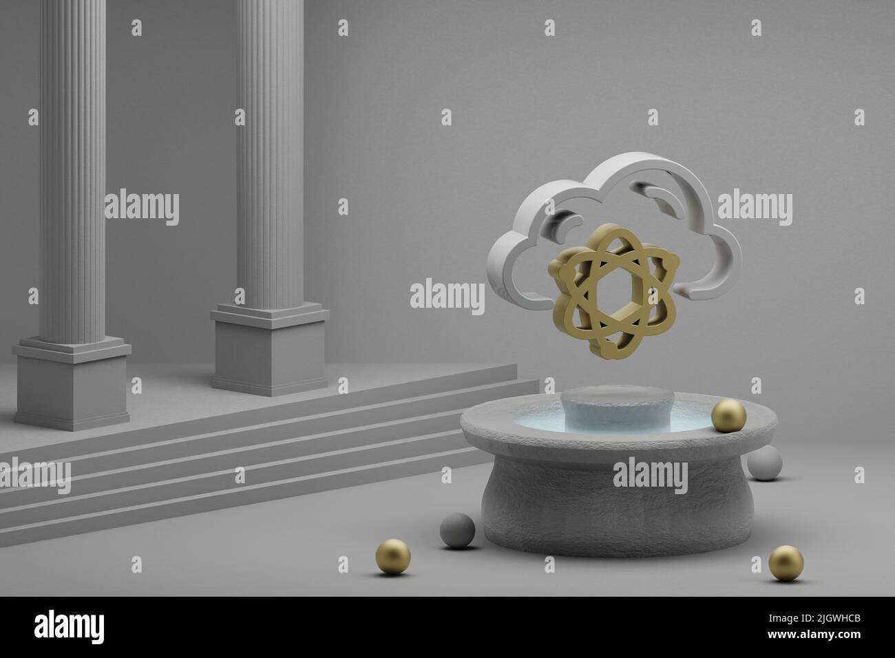 Schöne abstrakte Illustrationen Cloud Quantum Server Symbol Symbol auf einem Brunnen und Säule Hintergrund. 3D Rendering-Illustration. Web-Hosting. Stockfoto