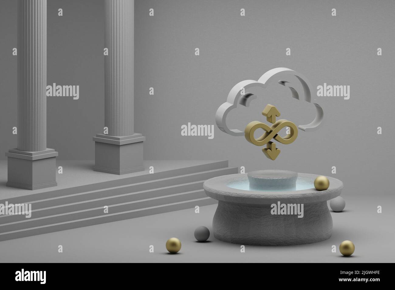 Schöne abstrakte Illustrationen Cloud Server Bandwidth Symbol Symbol auf einem Brunnen und Spalte Hintergrund. 3D Rendering-Illustration. Web-Hosting. Stockfoto