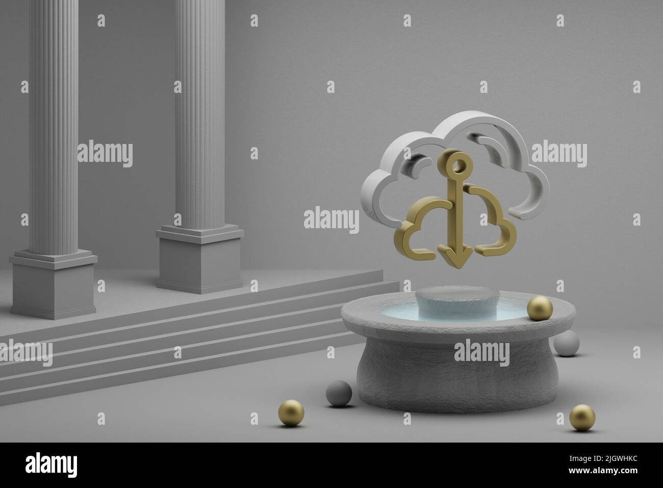 Schöne abstrakte Illustrationen Cloud Database Downgrade Symbol Symbol auf einem Brunnen und Säule Hintergrund. 3D Rendering-Illustration. Web-Hosting. Stockfoto
