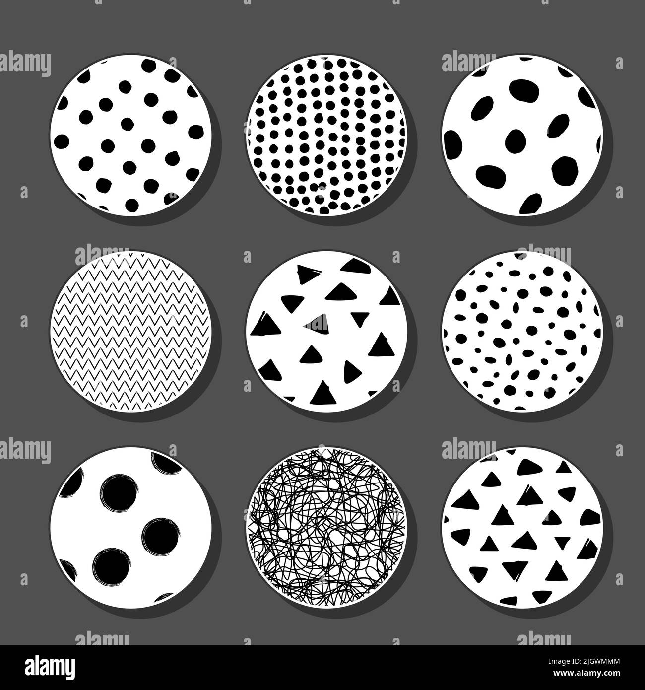 Satz von runden abstrakten monochromen Hintergründen oder Mustern. Gezeichnete Doodle-Formen. Punkte, Dreiecke, Kurven, Linien. Moderne Mode Vektor Illustration. Stock Vektor