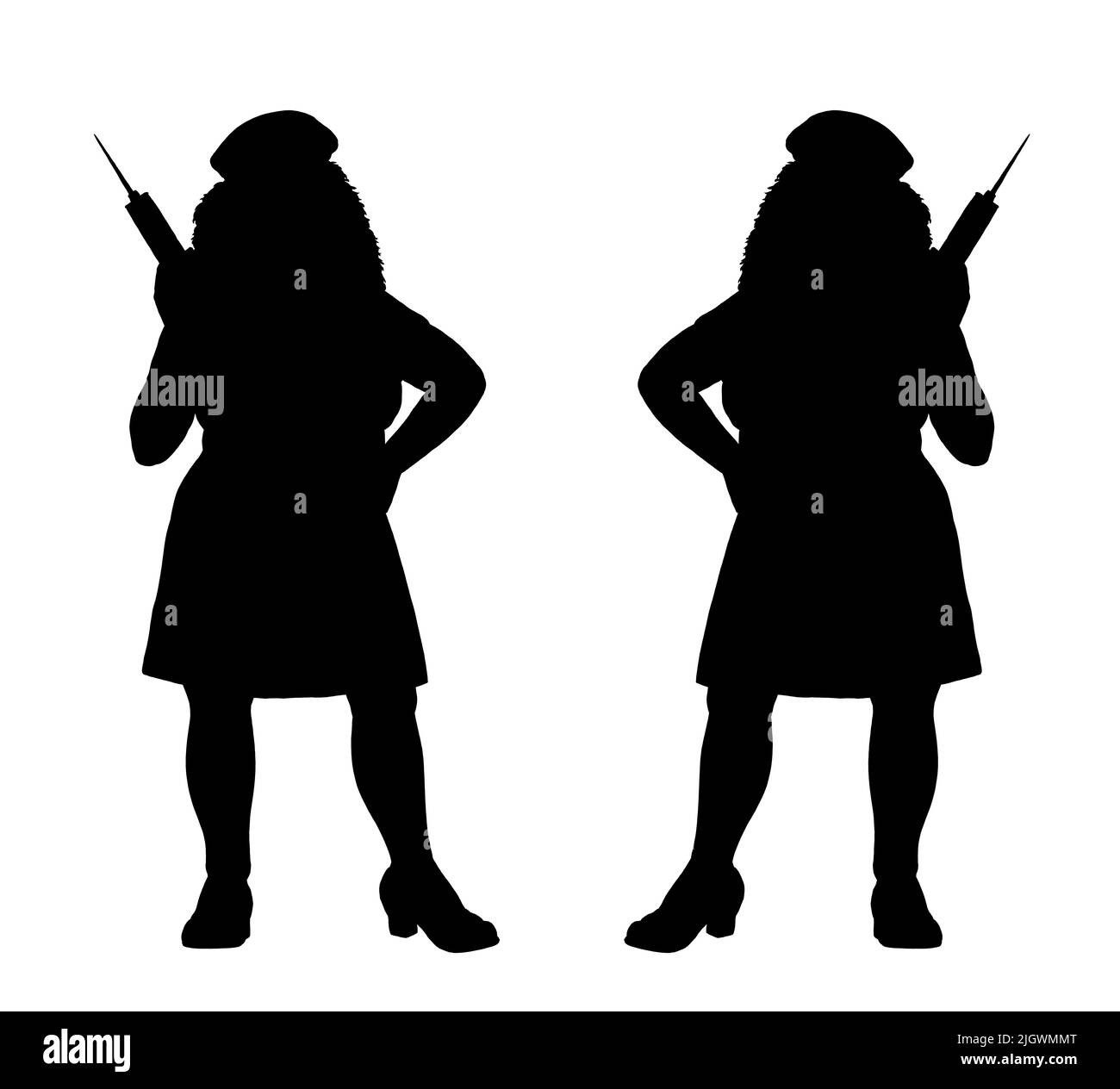 Silhouette der Krankenschwester. Arzt Helfer mit der Spritze. Digitale Illustration. Stockfoto