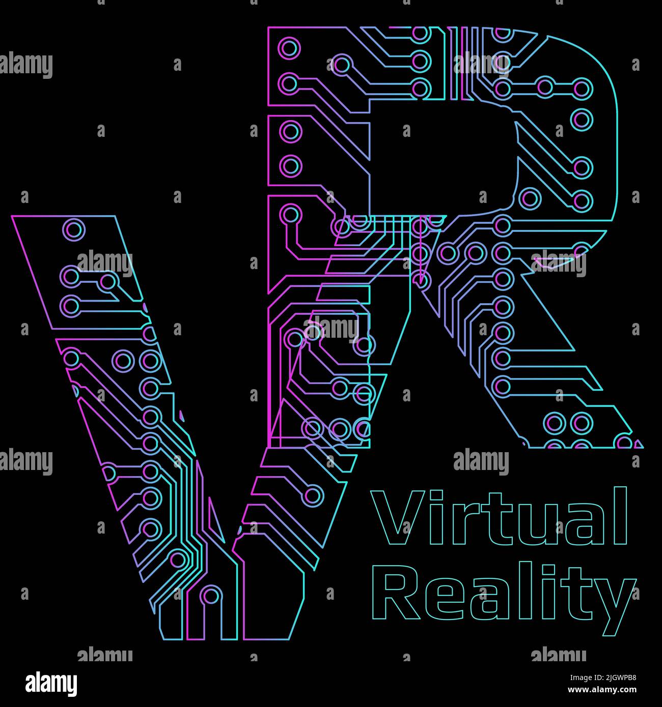 Bunte Buchstabenkonturen VR Abkürzung für Virtual Reality perforiert mit  Leiterplattenspuren auf schwarzer Leiterplatte isoliert. Für Banner oder  Werbung Stock-Vektorgrafik - Alamy