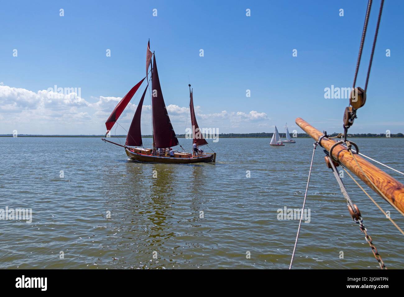 Zeesboot, jibboom, Wustrow, Mecklenburg-Vorpommern, Deutschland Stockfoto