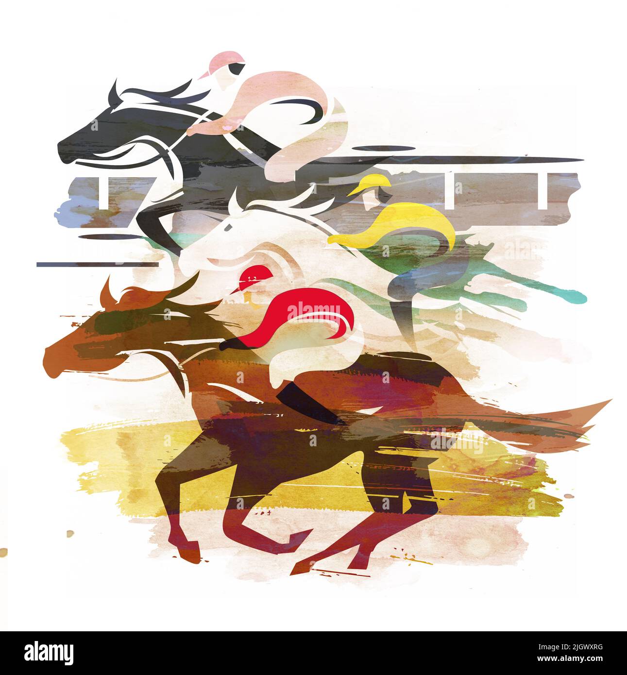 Rennpferde, Jockeys laufen Action. Eexpressive Illustration von drei Jockeys auf dem Pferd bei voller Geschwindigkeit. Imitation der Aquarellmalerei. Stockfoto