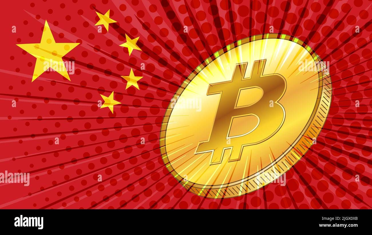 Goldmünze von Bitcoin auf dem Hintergrund der chinesischen Flagge mit Sternen in Farbe. China ist eines der führenden Unternehmen im BTC-Bergbau mit großer Hashrate. Vektorgrafik. Stock Vektor