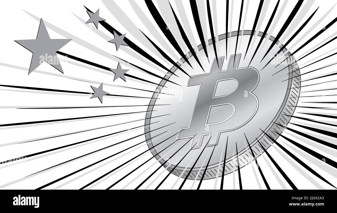 Münze aus Bitcoin mit Sternen der chinesischen Flagge und Strahlen in grauen Farben auf weißem Hintergrund. China ist eines der führenden Unternehmen im BTC-Bergbau mit großer Hashrate. Vect Stock Vektor