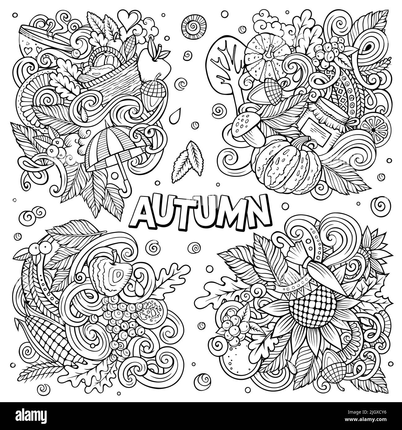 Herbst Cartoon Vektor Doodle Designs Set. Stock Vektor