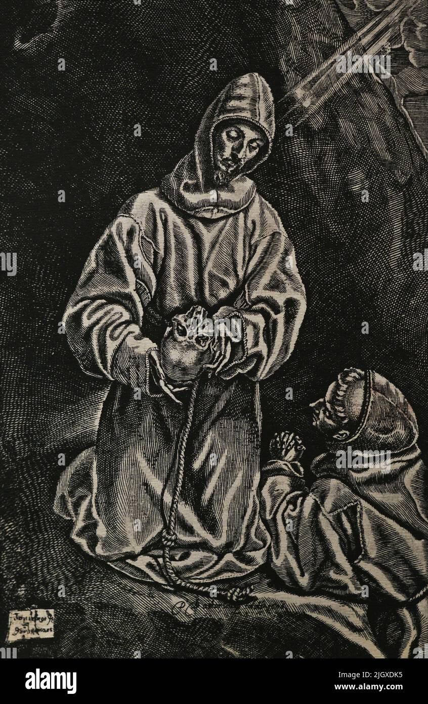Franziskus und Bruder Leo. Kopie der Gravur und Radierung des flämischen Kupferstechers Diego de Astor (ca. 1587-1650) im Jahr 1606. Das Original befindet sich in der Biblioteca Nacional. El Greco Museum. Toledo, Spanien. Stockfoto