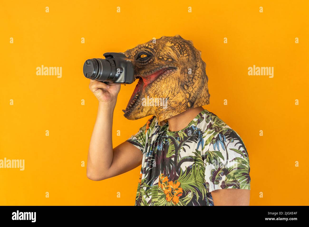 Mann, der mit einer professionellen Kamera fotografiert, trägt eine Tierkopfmaske, die auf gelbem Hintergrund isoliert ist Stockfoto
