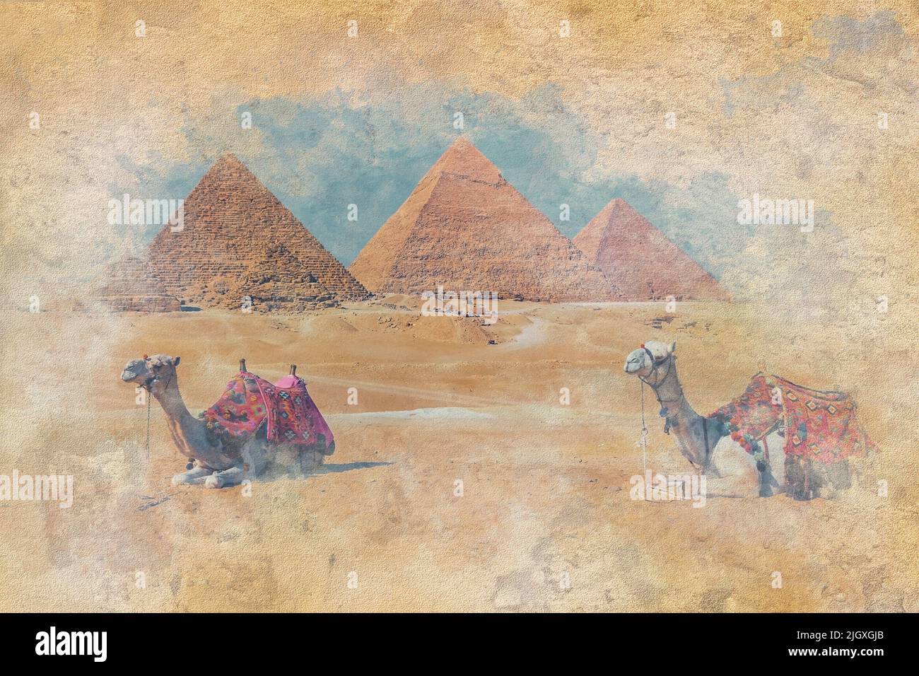 Die Pyramiden von Gizeh in Ägypten - Aquarell Effekt Illustration Stockfoto