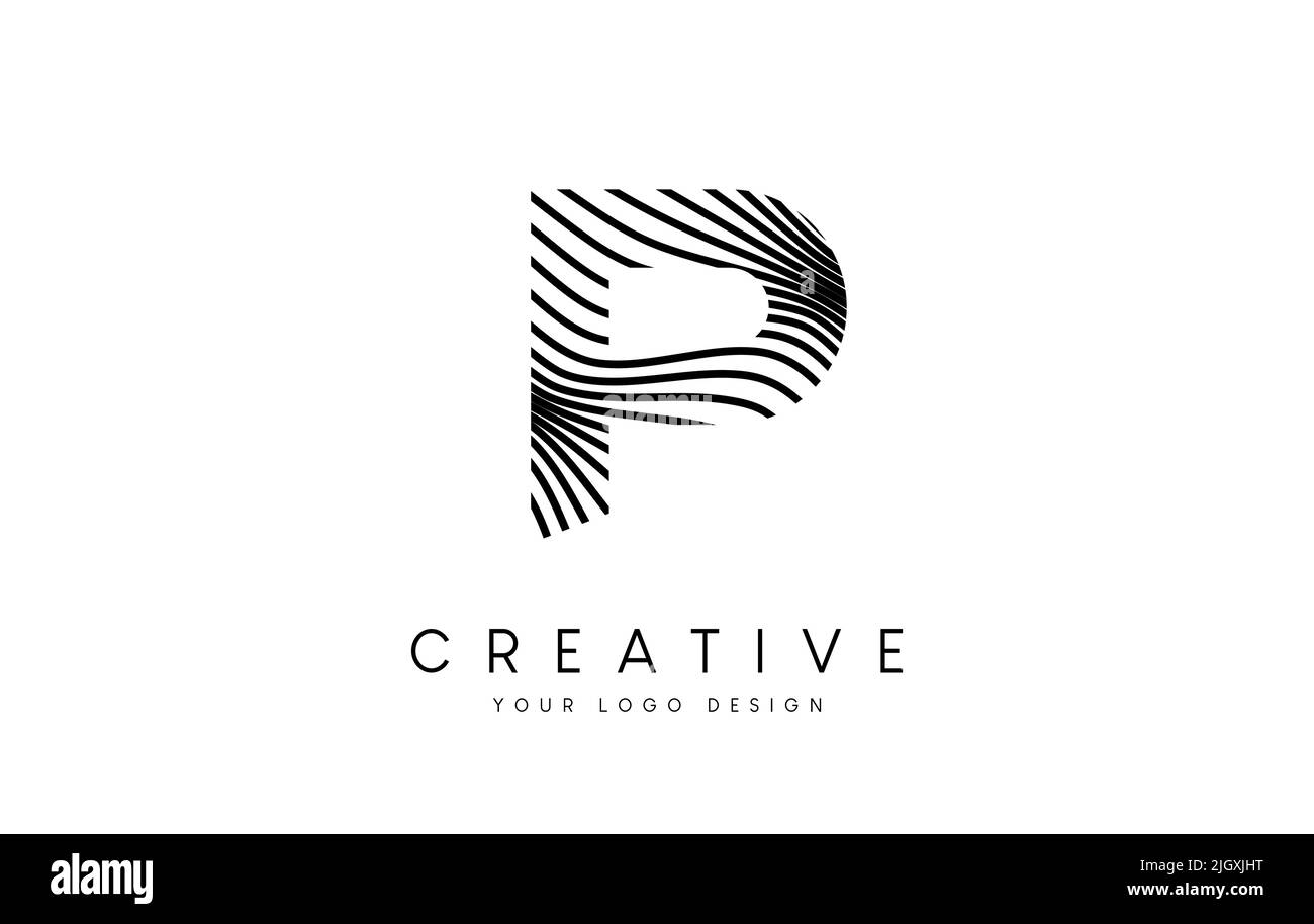 Verkrümmen Sie sich Zebra Lines Letter P Logo Design mit schwarzen und weißen Linien und Creative Icon Vector. Relieflinien Buchstabe Logo Illustration. Stock Vektor